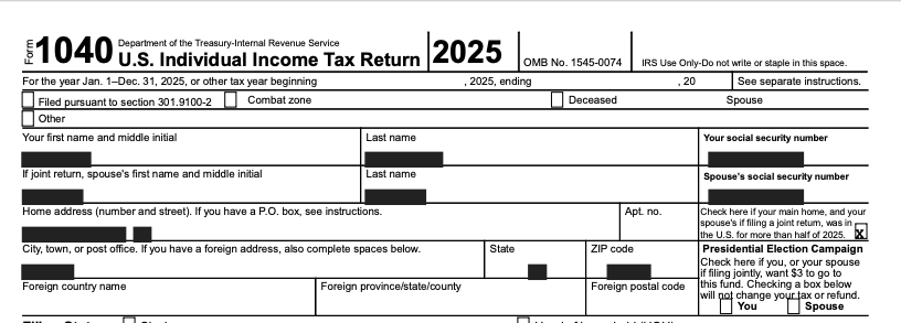 Redacted tax form showing black bars over SSN, name, address, and phone number