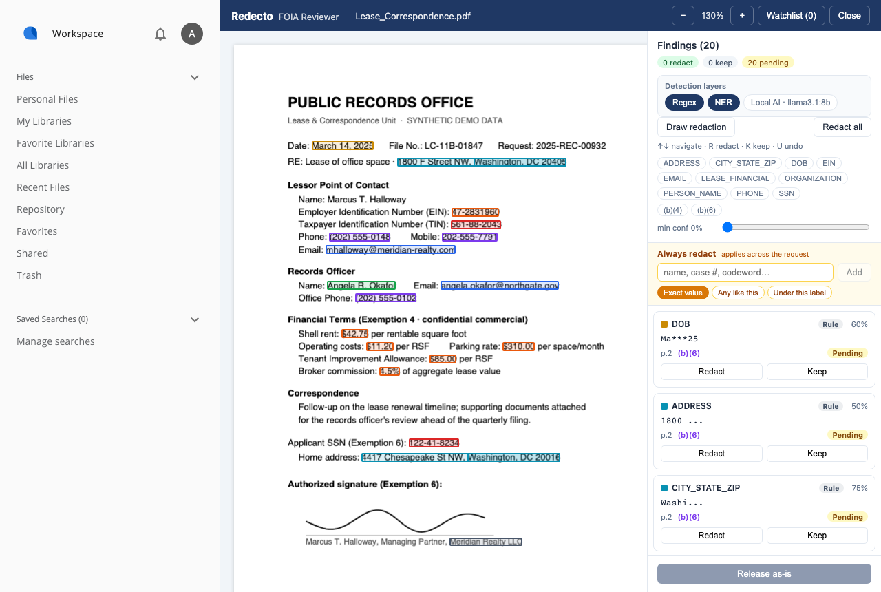 Redecto FOIA reviewer embedded in an enterprise application, with color-coded findings and a review panel