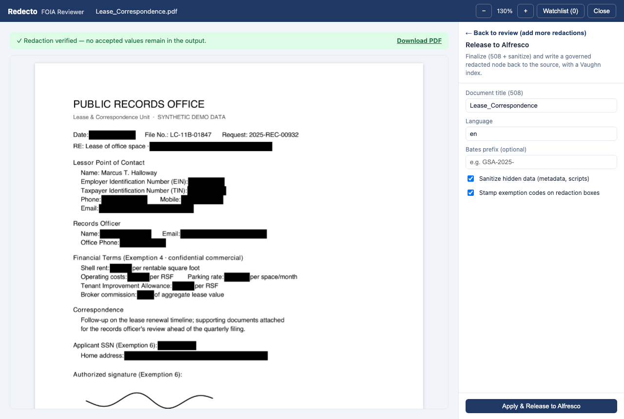 Redacted document with the FOIA release panel