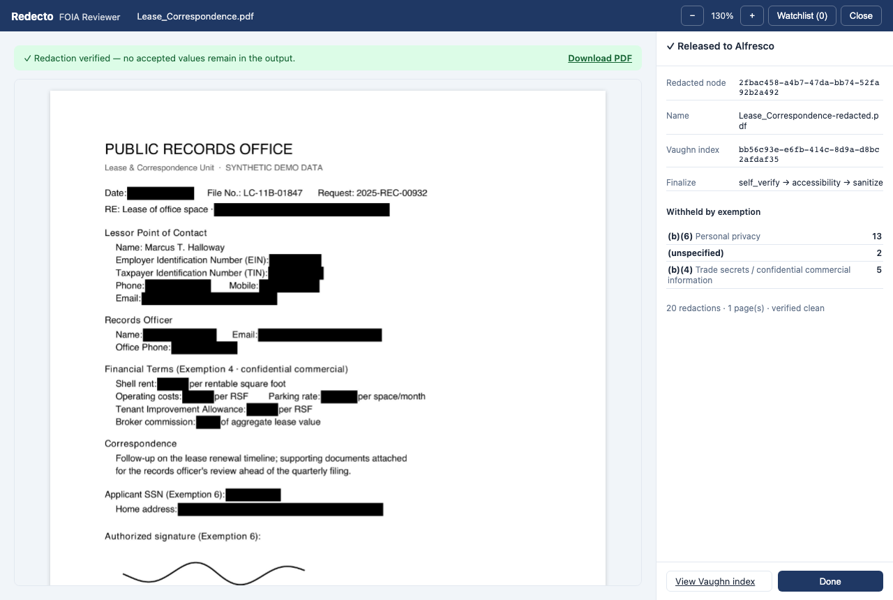Redecto release summary showing the redacted document and withheld-by-exemption counts